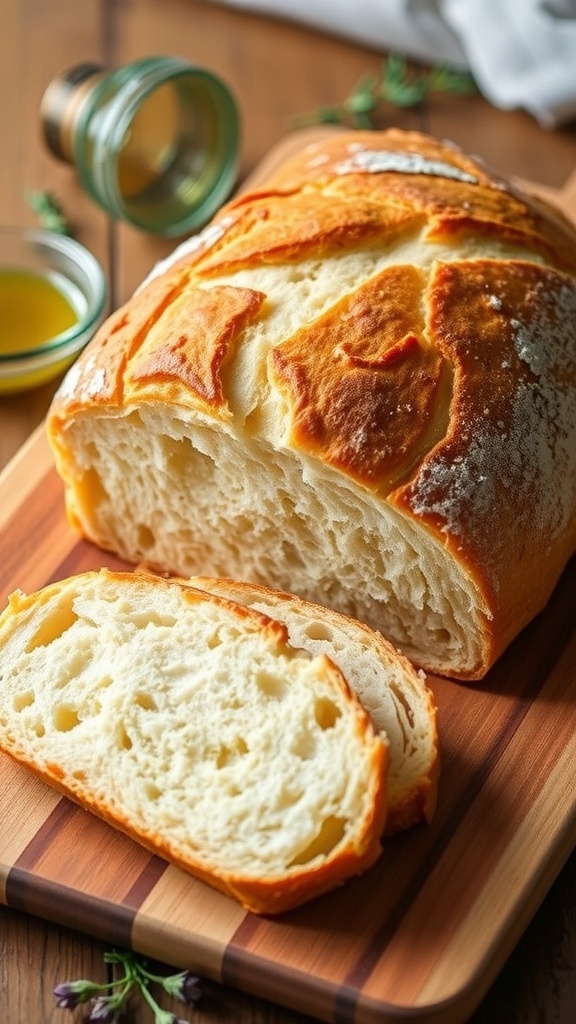 A golden-brown rustic gluten-free bread loaf on a cutting board with slices beside it.